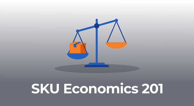 Illustration of a weighing scale where the box is heavier with the text, "SKU Economics 201"
