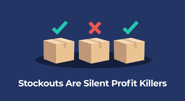 Three inventory boxes showing stockout cycle: full box with checkmark, empty box with warning symbol, and full box with checkmark representing Amazon inventory forecasting