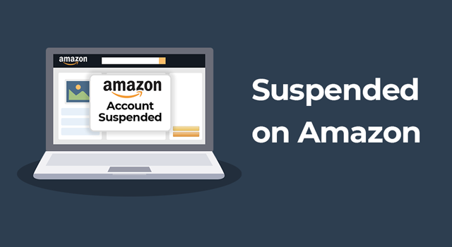 Laptop displaying an account suspended popup window from Amazon with text, "Suspended on Amazon"