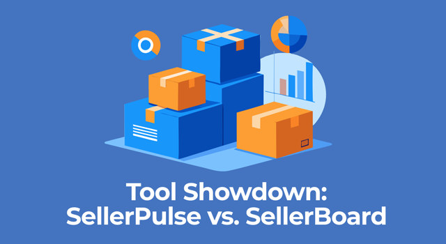 Illustration of stacked boxes with graphs and pie charts, featuring the title ‘Tool Showdown: SellerPulse vs. SellerBoard.’
