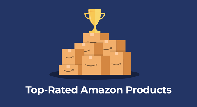 Stack of Amazon boxes with a trophy on top with text, "Top-rated Amazon products"
