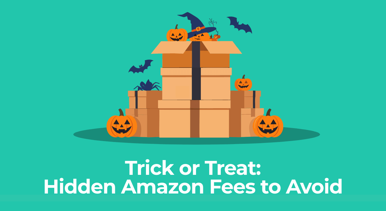 Illustration of stacked boxes decorated for Halloween with the text “Trick or Treat: Hidden Amazon Fees to Avoid.”
