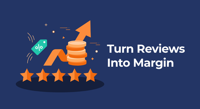 Illustration of five-star rating, coins, and an upward arrow with a discount icon, representing increased profit from reviews, with text “Turn Reviews Into Margin”