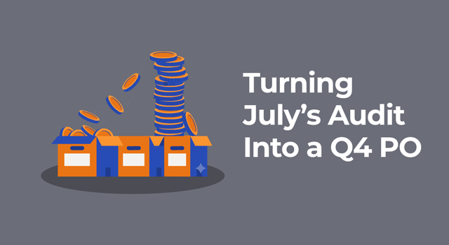A stack of coins being sorted into labeled inventory boxes, with the text "Turning July's Audit Into a Q4 PO"