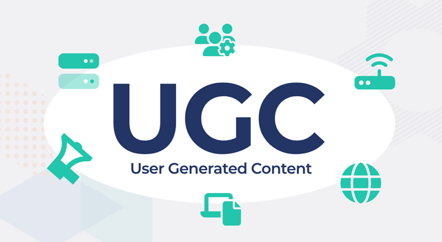 Illustrations around text, "UGC user generated content"