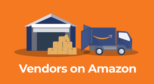 Boxes in front of a warehouse and Amazon delivery truck with text, "Vendors on Amazon"