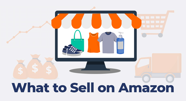 Computer that is displaying and surrounded by eCommerce graphics with text, "What to sell on Amazon"