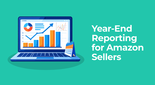 Illustration of a laptop displaying graphs and charts labeled ‘Year-End Reporting for Amazon Sellers.’