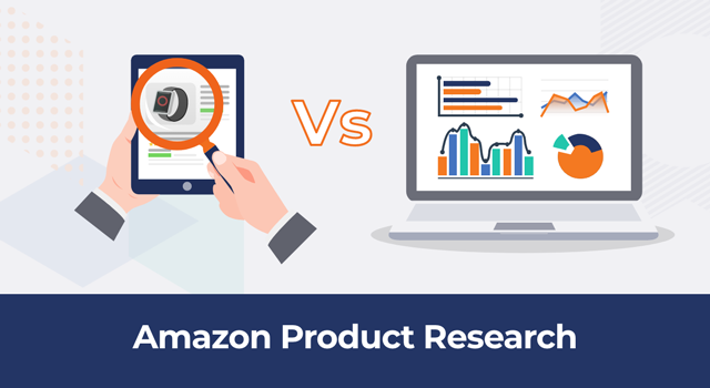 Hand with magnifying glass over a product next to a computer with analytics with text, "Amazon product research"