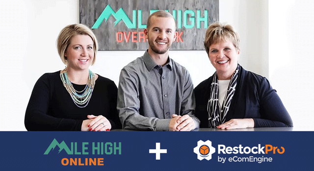 Photograph of the three owners of Mile High Online above the Mile High Online and RestockPro logos