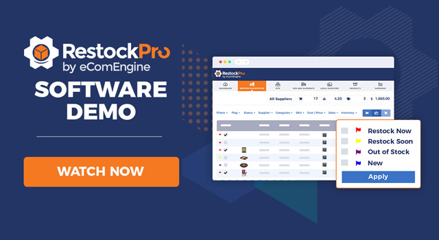 RestockPro logo and screenshot with text "RestockPro Software Demo" and watch now button.