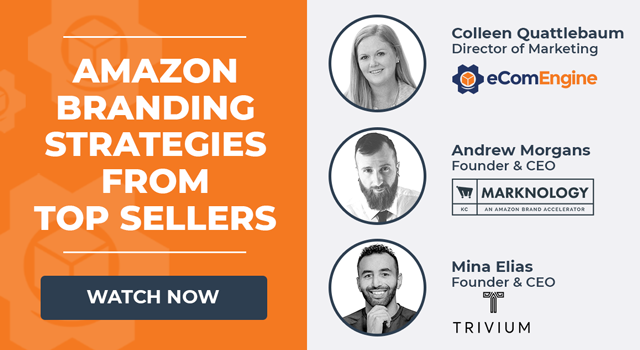 Photos of presenters with text, "Amazon branding strategies from top sellers"