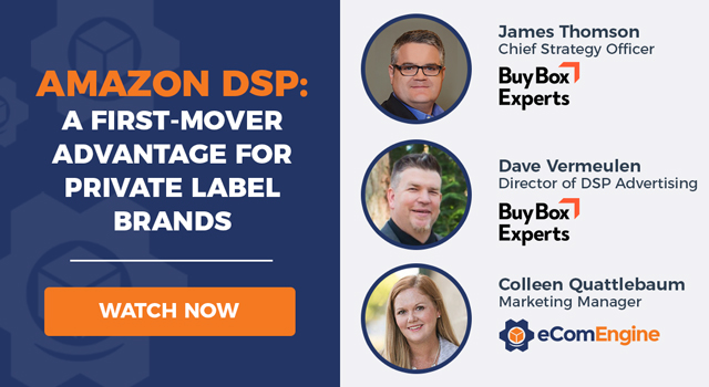 Webinar presenters with text, "Amazon DSP: A First-Mover Advantage for Private Label Brands"