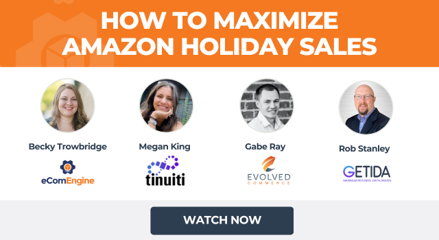 Images of presenters with text, "How to maximize Amazon holiday sales"