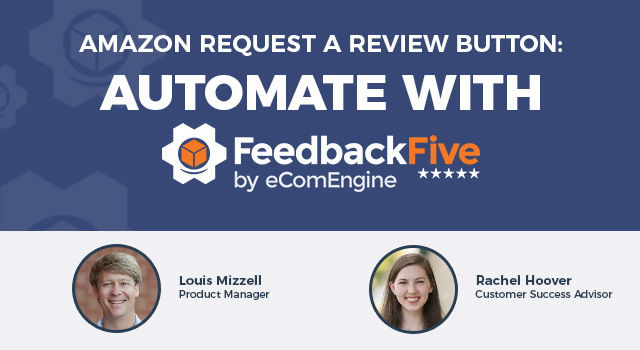 Photos of the presenting experts with text, “Amazon Request a Review Button: Automate with FeedbackFive”