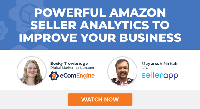 Headshots of the webinar presenters with text, "Powerful Amazon seller analytics to improve your business"