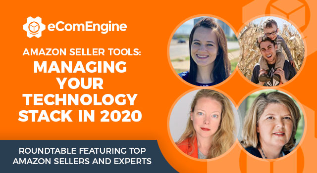 Photos of the presenting Amazon experts with text, “Amazon seller tools: managing your technology stack in 2020”