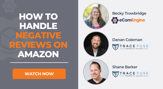 Image of presenters with text, "How to handle negative reviews on Amazon"
