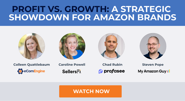 Photos of webinar presenters with text, "Profit vs growth: a strategic showdown for Amazon brands"
