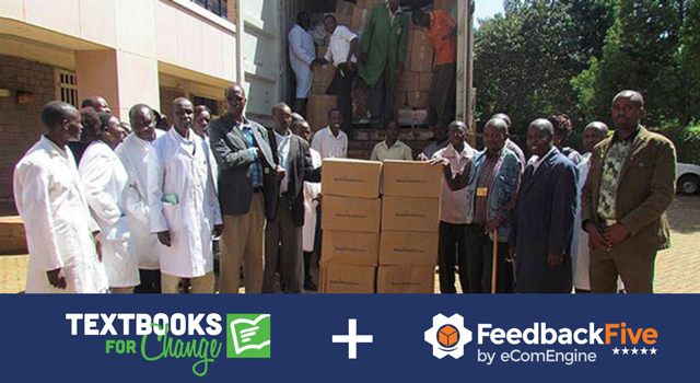 Photograph of a book delivery above the Textbooks for Change and FeedbackFive by eComEngine logos