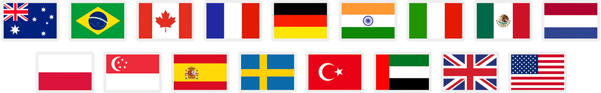 Fifteen flag icons that represent Amazon marketplaces supported by FeedbackFive