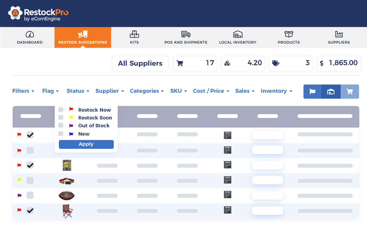 Illustration of the Restock Suggestions view with restock flags in RestockPro